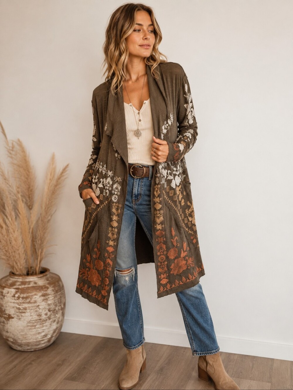 CAITE Embroidered Long Open Front Cardigan Jacket Boho Floral 100% Cotton